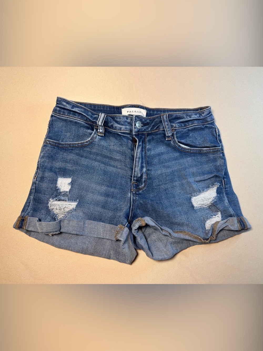PacSun Shorts Size 27 4 Super Stretch Shortie Blue Distressed Denim Roll Hem